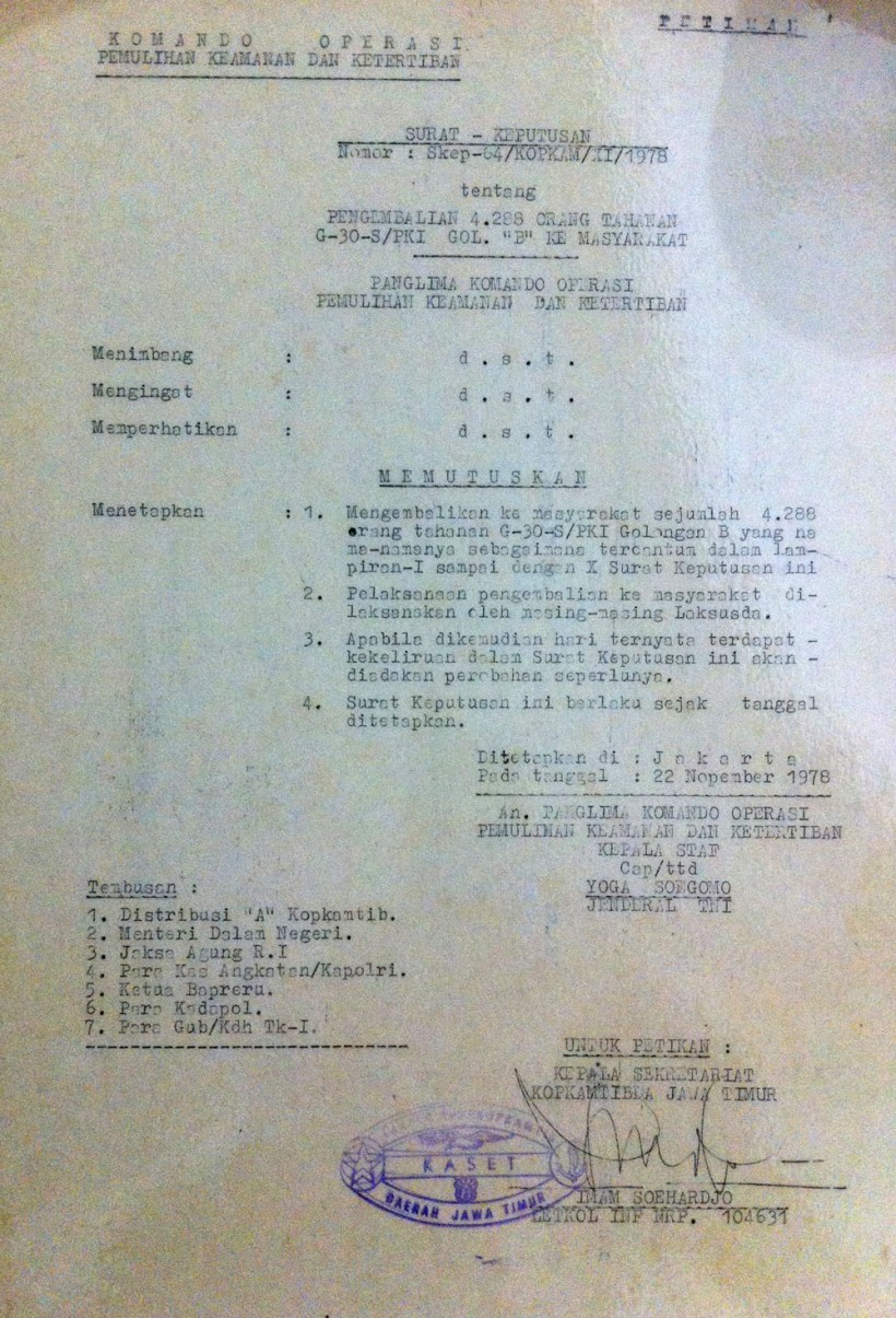 Surat “pengembalian 4.288 orang tahanan G-30-S/PKI Gol. “B” ke masyarakat” yang membebaskan Oei di tahun 1978. Foto: Kathleen Azali